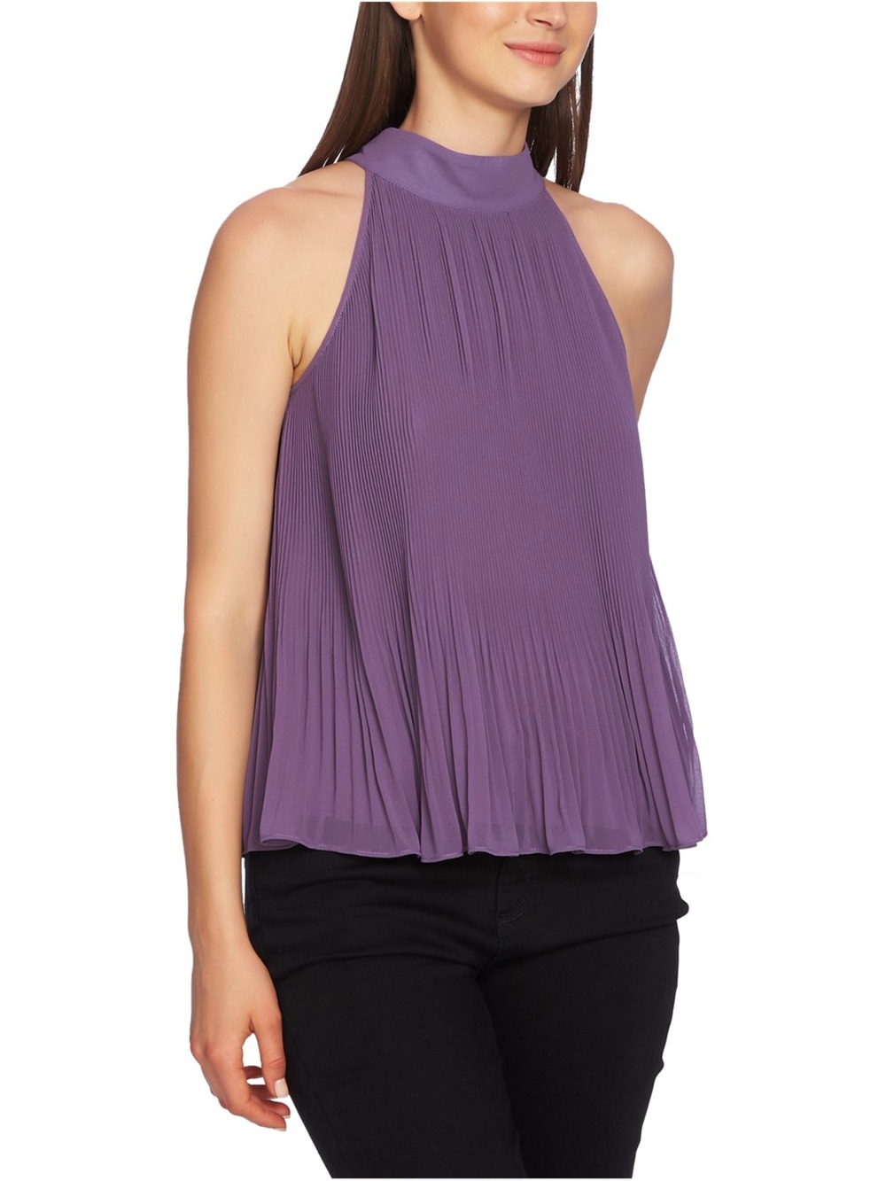 1. State Lavender Pleated Halter Swing Top